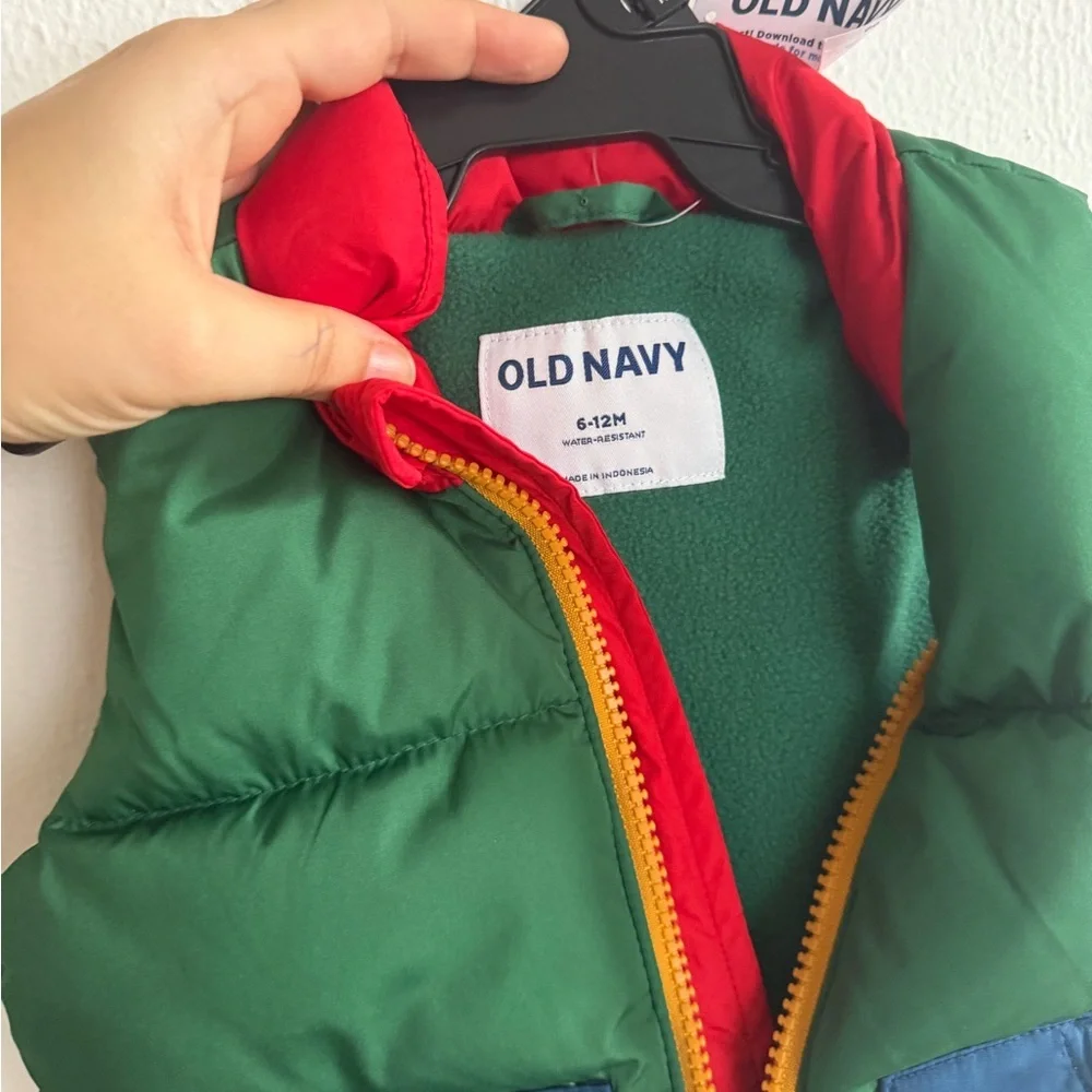 Old Navy Kids Green and Red Puffer Colorblock Vest